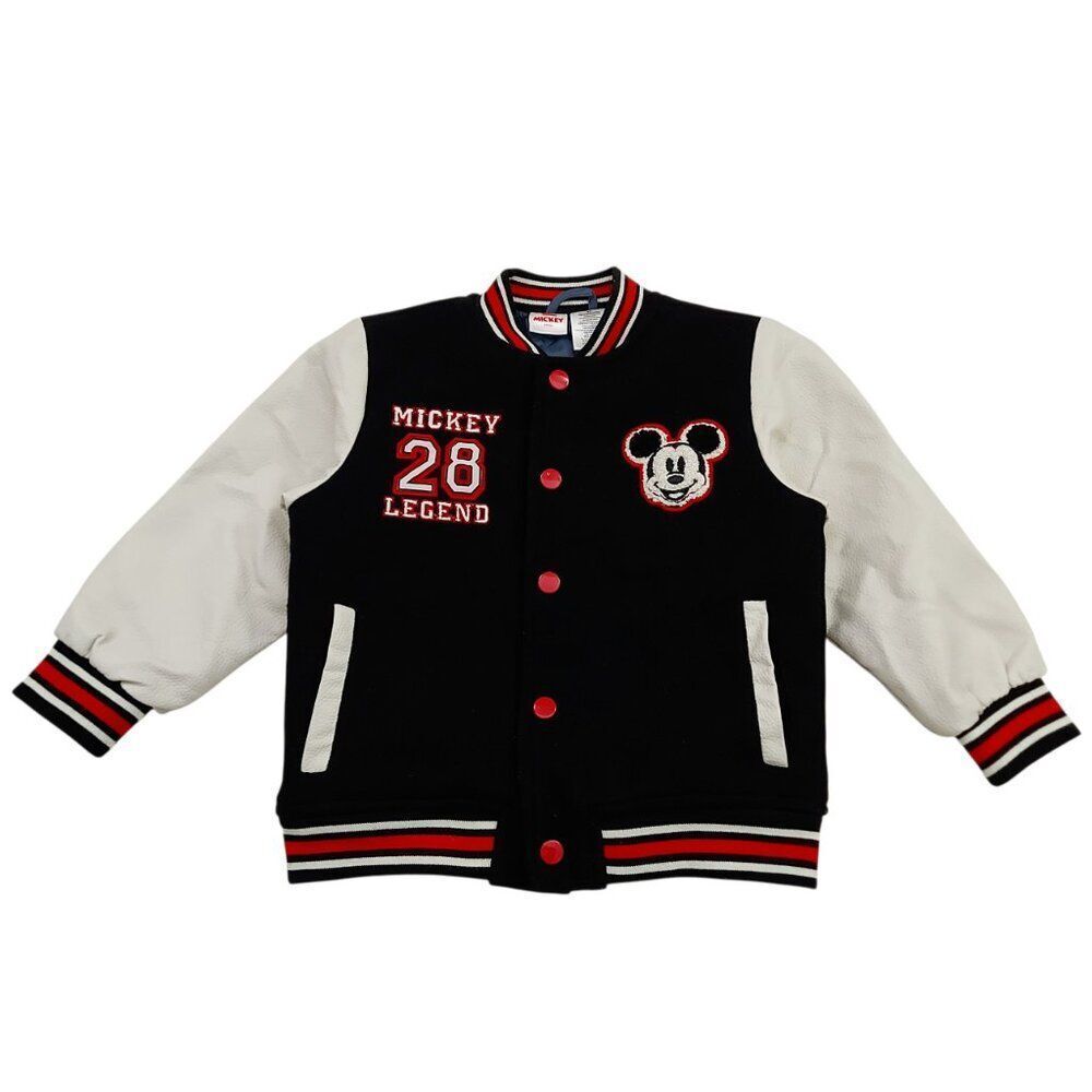 Disney Junior Mickey Mouse Varsity Bomber Jacket Toddler 4T Black Snaps Quilted
